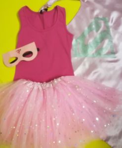 Kids Costumes to Hire - SUPER GIRL (4pce) - child - cerise top, starry tutu, silver & pink cape, mask